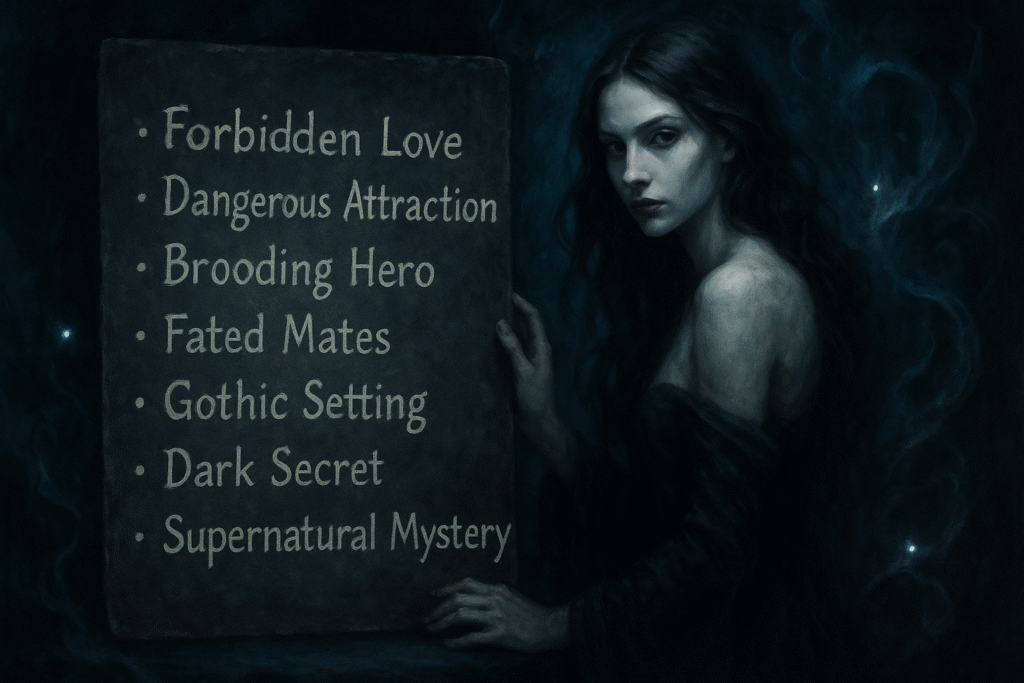 woman in the dark with a list of tropes beside her