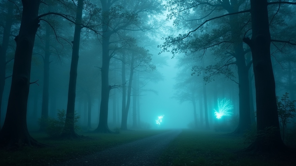 A magical foggy forest with glowing lights, mysterious shadows, and ethereal creatures hidden among the trees.