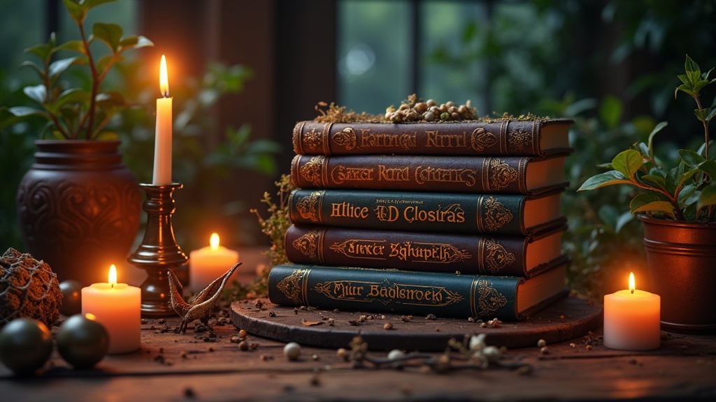 A stack of witch romance books surrounded by magical symbols and candles