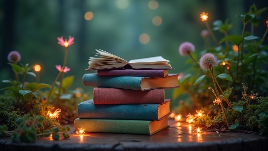 Colorful fantasy books, enchanted forest, cozy reading nook