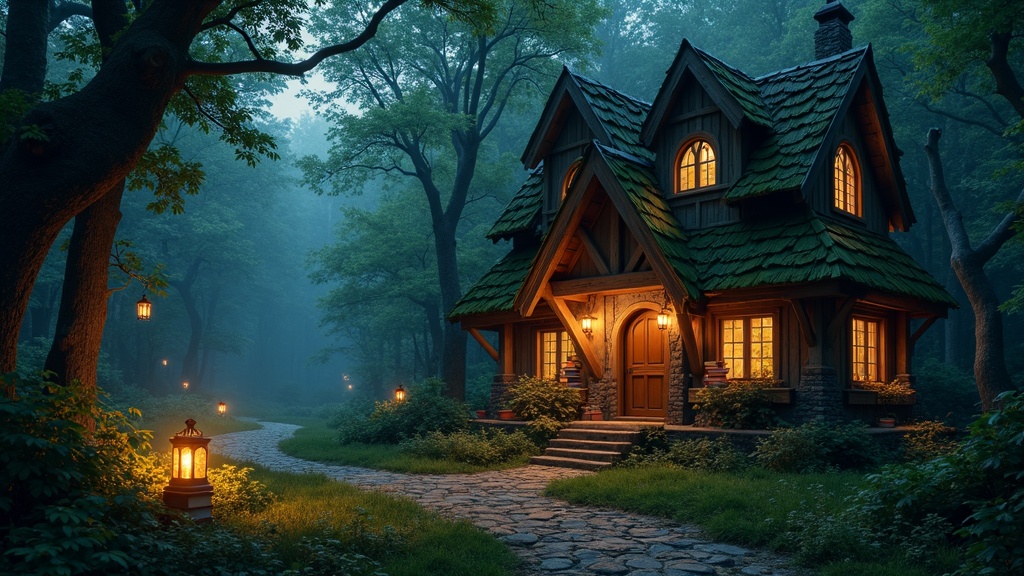 Cozy fantasy cottage in a magical forest at dusk with books and twinkling lights.