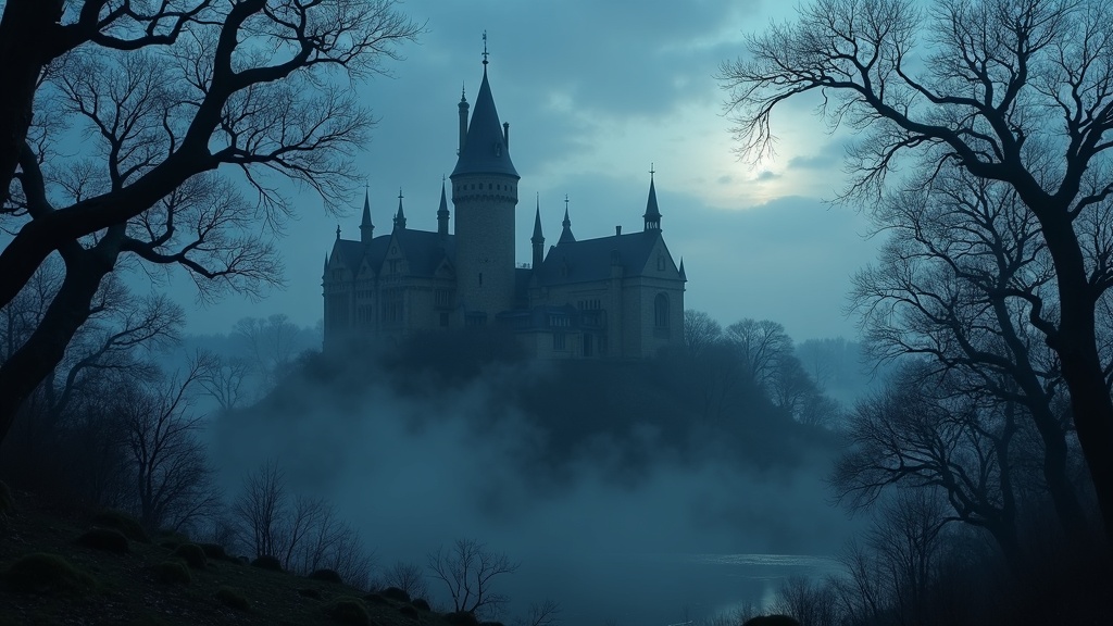Gothic castle shrouded in mist, surrounded by gnarled trees under a dramatic sky