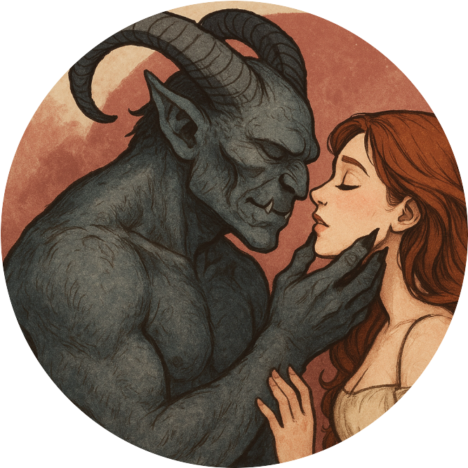 horned monster beast-man gently touching a young woman's face