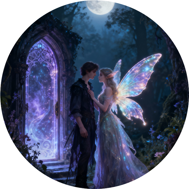 image of man and faery female at a portal doorway under the full moon