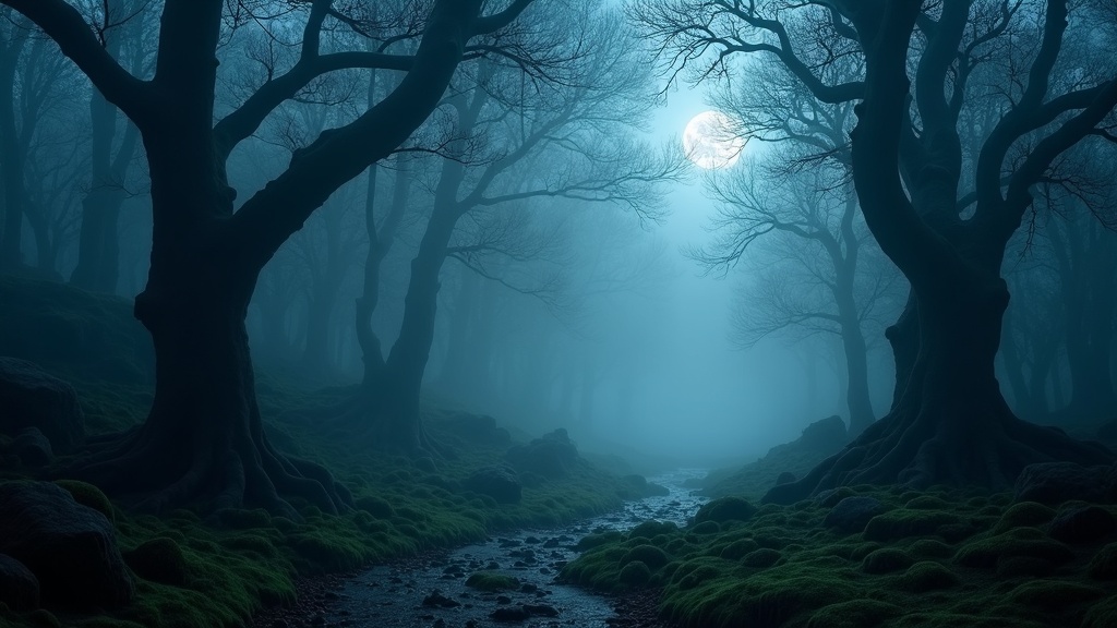 Misty gothic forest at dawn, moonlight glowing through trees