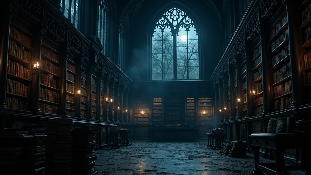 Mysterious gothic library with moonlit windows, stacks of old books, and subtle hints of fantasy and dark academia