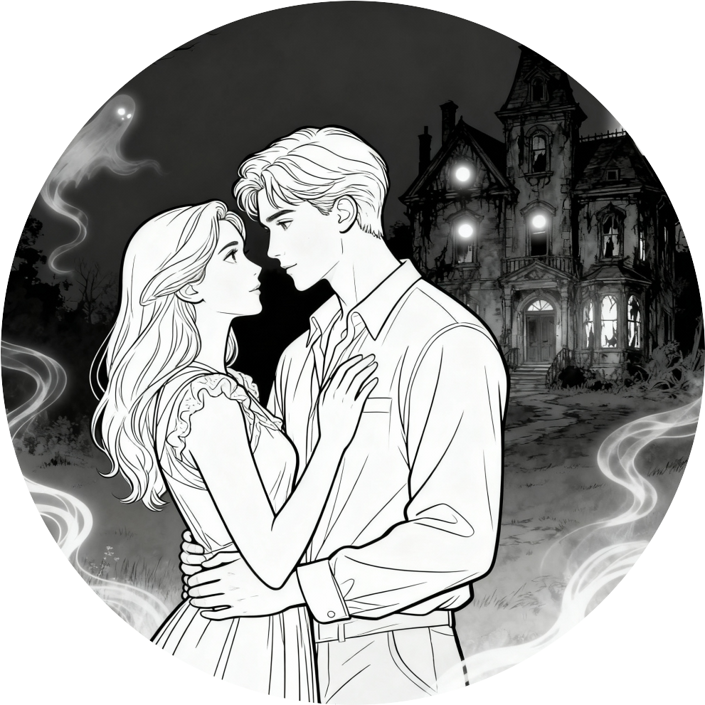 picture of man and woman with ghosts around them and haunted house behind them