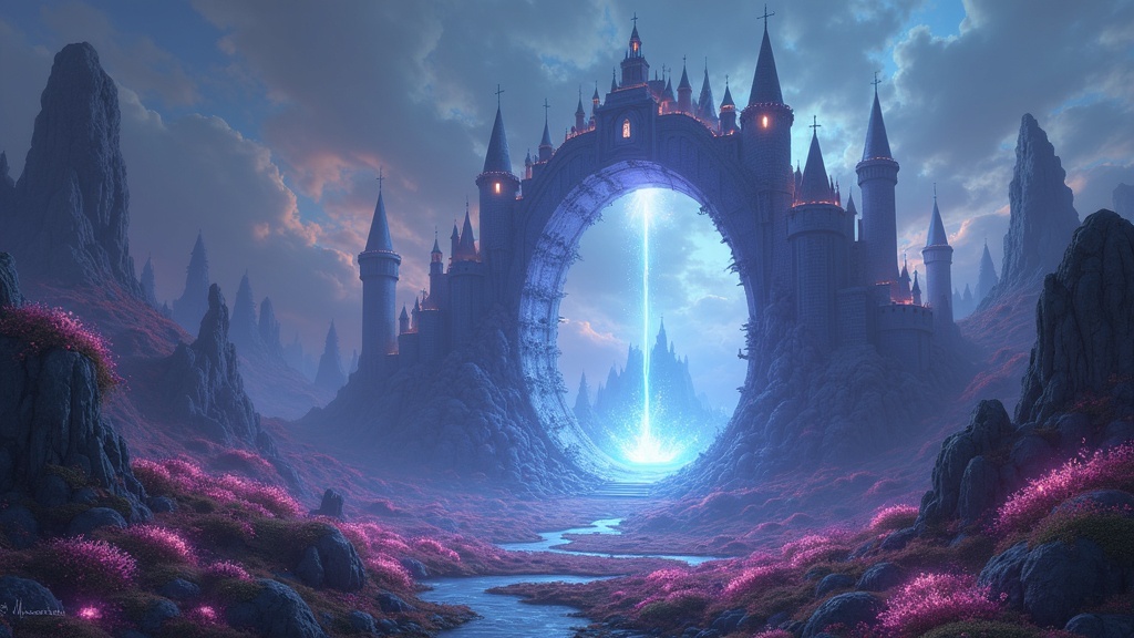 Surreal fantasy landscape with magical symbols and floating castles, evoking a sense of mystery and adventure