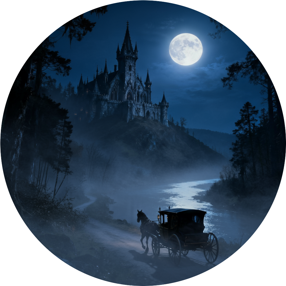 vampire riding in his carriage by the river towards his castle