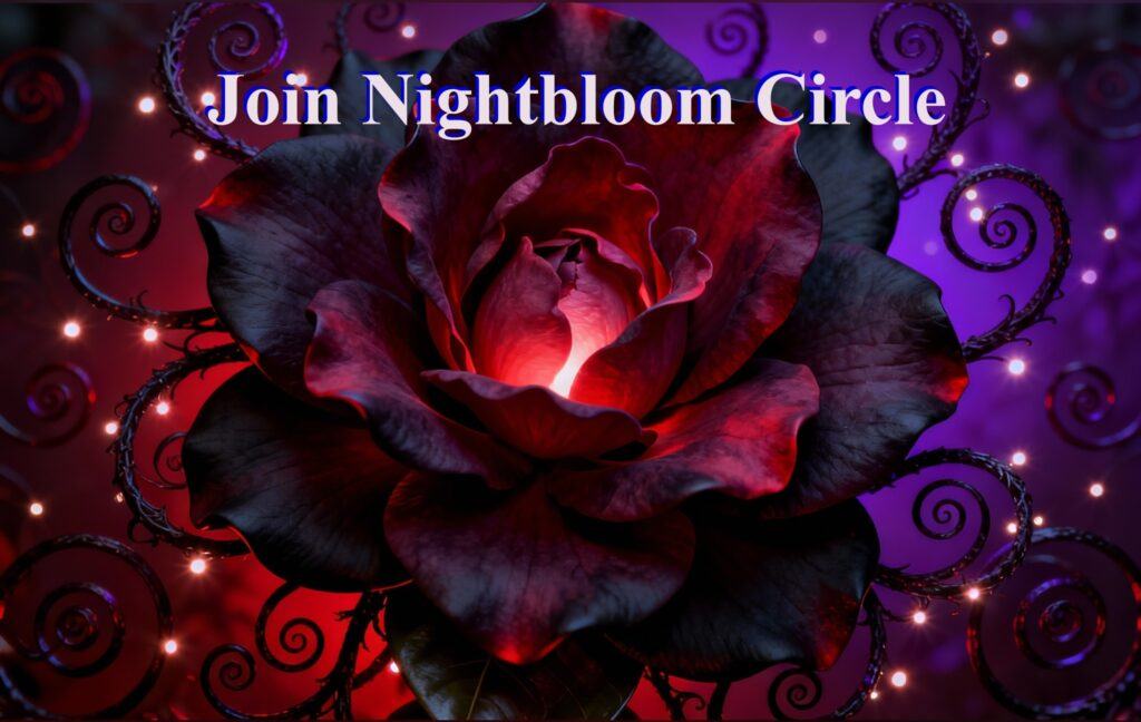 image of black and dark red rose with words Join Nightbloom Circle